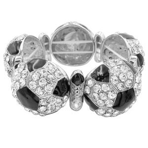 Chunky Soccer Ball Theme Rhinestone Silver Tone Statement Stretch Bracelet